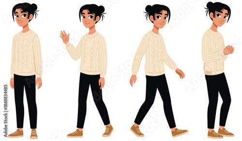 Animated young female character with dark hair in sweater and pants in various poses