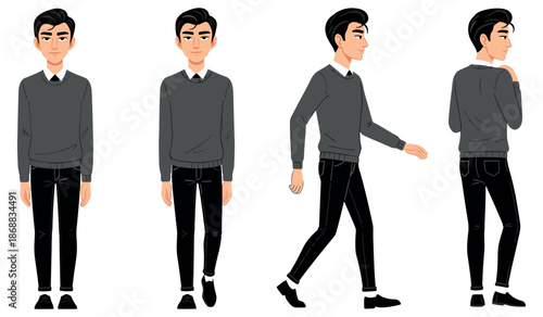 Animated young caucasian male character in various poses wearing casual gray outfit