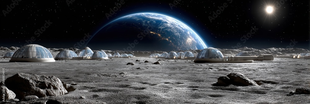 Fototapeta premium Lunar Base with Earth Rising over the Horizon Panoramic View