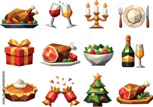 Festive Dining Icons. Festive holiday dining table and celebration meal visualized as a cohesive low-poly vector icon set built