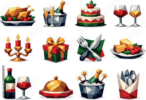 Festive Table Icons. Low-poly vector icon set for festive holiday table and celebratory dining, featuring angular polygonal