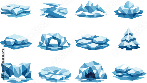 Frozen River Icon Set. Low-poly vector icon set for frozen river and winter ice landscape, featuring angular polygonal geometry,
