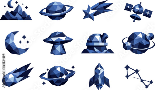 Cosmic Low-Poly Icons. Star-filled night sky and tranquil cosmic scenery visualized as a cohesive low-poly vector icon set built