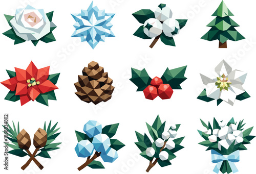 Winter Floral Icon Set. Winter floral bouquet concept illustrated as a cohesive low-poly vector icon set built from angular