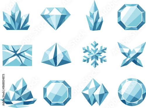 Icy Crystal Icons. Ice shard reflection and winter crystalline mirror visuals shown as a low-poly vector icon set with sharp