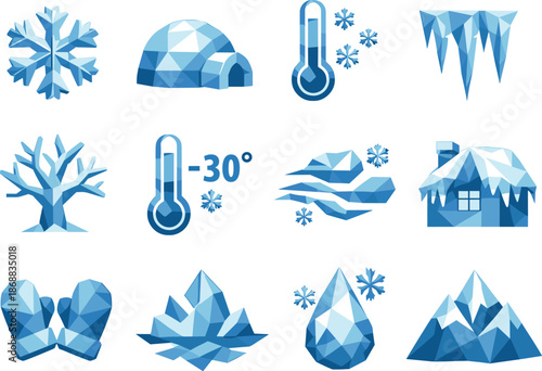 Geometric Frost Icon Set. Low-poly polygonal vector icon set focused on Epiphany frosts, extreme cold, winter freeze, and January