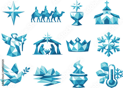Low-Poly Winter Icons. Sacred Epiphany cold and intense January frost represented through a professional low-poly vector icon set
