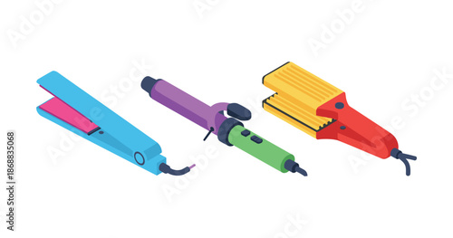 Colorful hair styling tools: flat iron, curling wand, crimping iron on white background