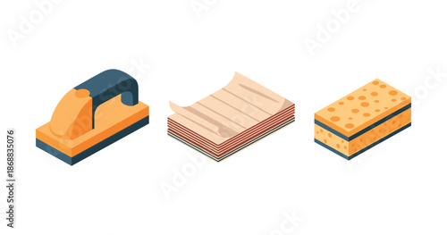 Cleaning tools: iron, clothes stack, sponge in isometric style