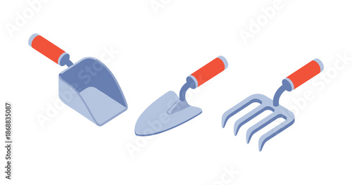 Three gardening tools with red handles: scoop, trowel, and fork on white background