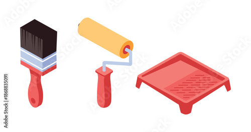 Painting tools: brush, roller, and tray for diy projects