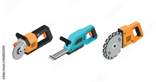 Set of three isometric electric power tools with handles and blades