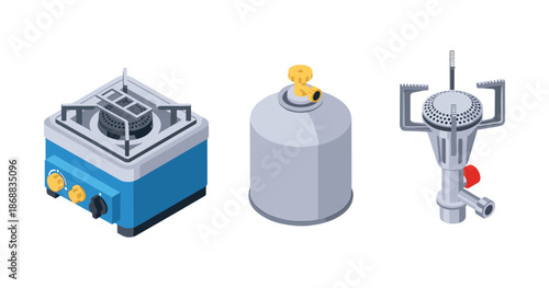 Isometric gas stove, propane tank, and portable burner illustrations