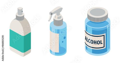 Assorted sanitizing bottles and alcohol container