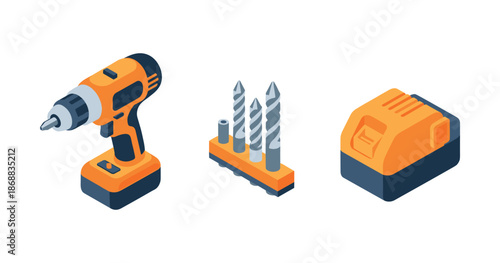 Isometric cordless drill with drill bits and battery charger illustration