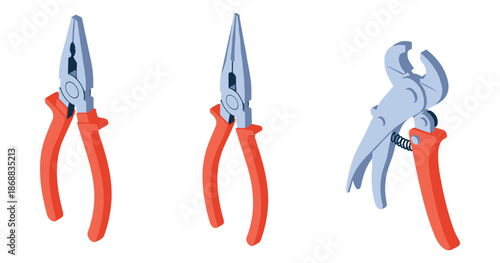 Red-handled pliers and clamps on white background