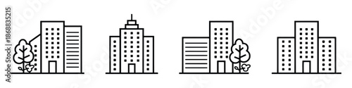 Set of Modern City Buildings and Skyscrapers Line Icons