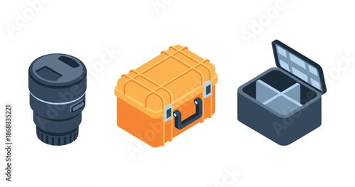 Camera lens, orange storage case, black box with compartments on white background