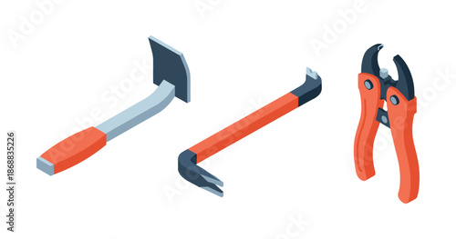 Isometric tools: hammer, crowbar, pliers - construction and repair essentials