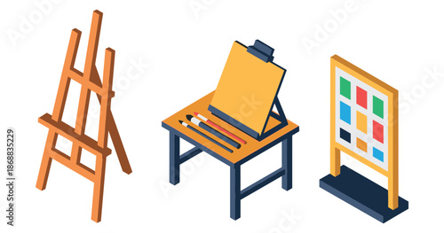 Art studio tools: easel, drawing table, and color chart for creative projects