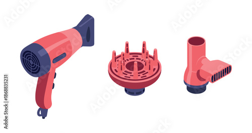 Red hair dryer set with diffuser and concentrator attachments