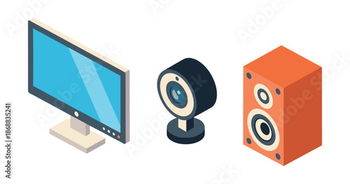 Modern electronic devices: isometric monitor, webcam, speaker on white background