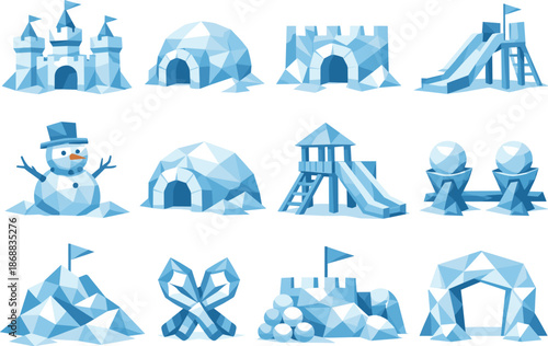 Snow Play Icons. Snow fortress and winter play structure illustrated as a cohesive low-poly vector icon set built from angular