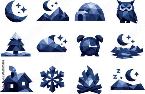 Winter Nights Icons. Extended winter nights and prolonged darkness visualized as a cohesive low-poly vector icon set built from