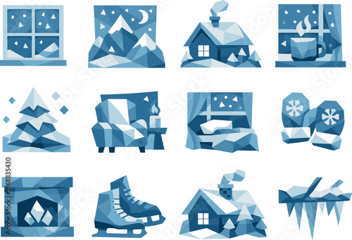 Cozy Winter Vector Icons. Low-poly vector icon set for snowfall outside the window and cozy winter view, featuring angular