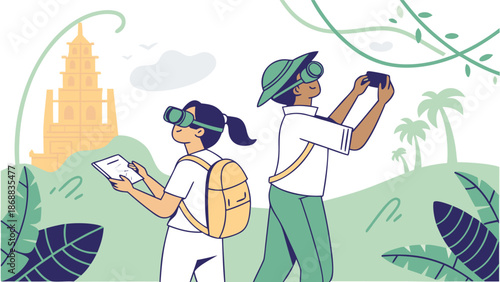 Virtual Journey: Two individuals, equipped with augmented reality glasses and tablets, embark on an immersive exploration of a historic site.