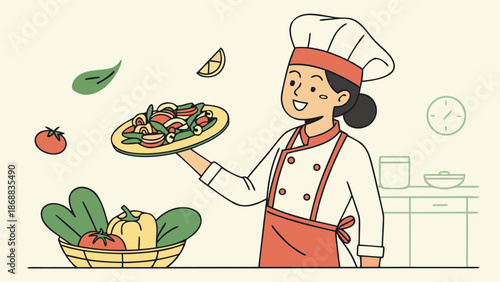 Culinary Excellence: A chef showcases a vibrant plate of culinary creation, surrounded by fresh ingredients.