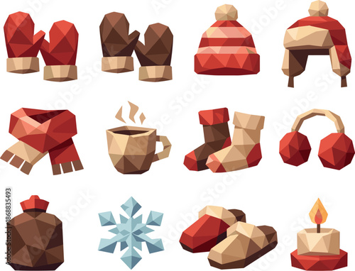 Cozy Winter Icons. Low-poly vector icon set for warm winter mittens and cozy cold-weather accessories, featuring angular polygonal