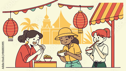 Culinary Festival Delights: Three women share moments of pure joy, savoring the flavors of diverse dishes under the glow of festive lanterns, amidst a backdrop of cultural ambiance.