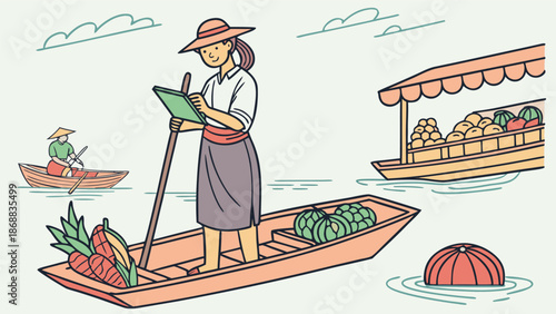 Floating Market Scene: Capturing the vibrant atmosphere of a floating market, a vendor meticulously records sales amidst the bustling waterways.