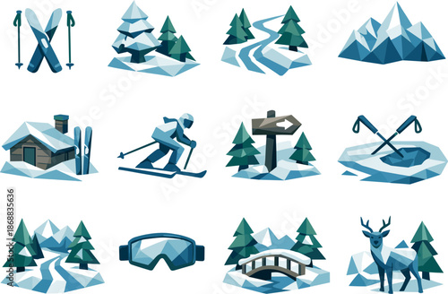 Winter Ski Icon Set. Forest ski track and winter woodland trail visualized as a cohesive low-poly vector icon set built from