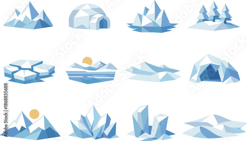 Low-Poly Snow Icons. Low-poly vector icon set for white expanses and snowy landscapes, featuring angular polygonal geometry, sharp