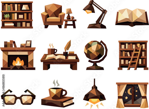 Cozy Library Icons. Warm and cozy library interior illustrated as a cohesive low-poly vector icon set built from angular polygonal