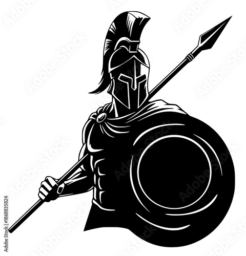 Vector illustration of a Spartan warrior is centered against a pure white background. The warrior is depicted from the chest up, facing forward in a heroic stance