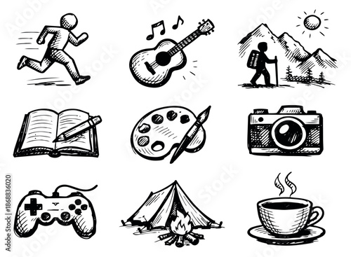 Hand drawn line art hobbies and recreation icons set featuring sports, music, art, and outdoor activities for leisure and lifestyle concepts
