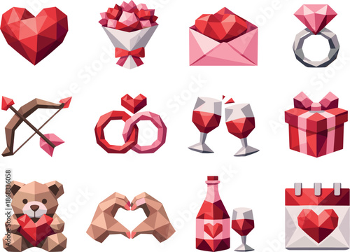 Valentine's Day Icons. Low-poly polygonal vector icon set focused on Valentine’s Day, romantic celebration, love symbols, and