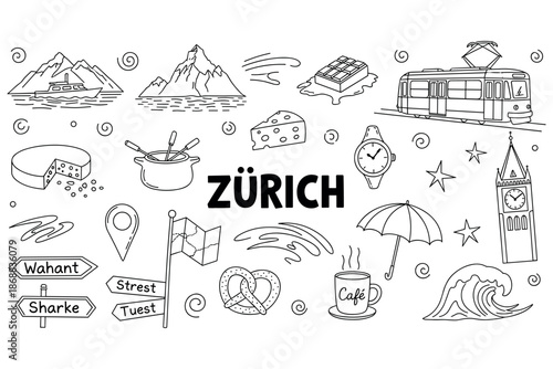 Zurich icons: swiss cheese, tram, mountains, fondue, and chocolate