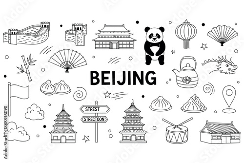 Beijing cultural icons illustrated: great wall, forbidden city, lanterns, pandas, dumplings, dragons