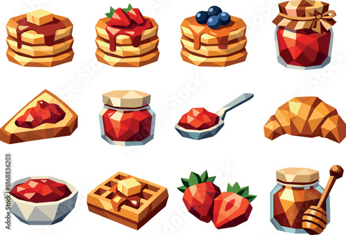 Pancake Icon Set. Sweet breakfast pancakes and jam treat visualized as a low-poly vector icon set with sharp polygon edges,