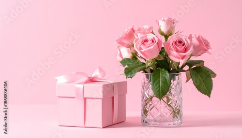 Pink roses in patterned glass vase beside matching pink gift box on monochromatic pink background.