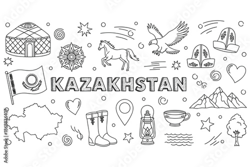 Kazakhstan symbols: yurt, flag, mountains, horse, eagle in black and white illustration