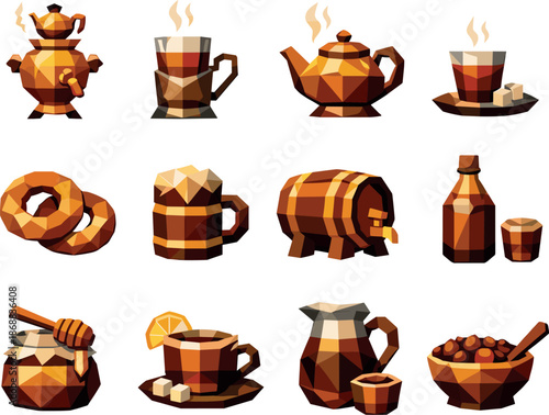 Samovar Icon Set. Samovar with hot tea and Russian traditional beverage represented through a professional low-poly vector icon