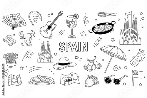 Spain icons: spanish culture and traditions illustrated with famous landmarks and symbols