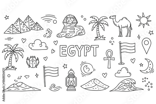 Egyptian symbols and landmarks: pyramids, sphinx, camels, palms, ankh