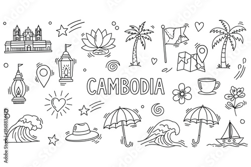 Cambodia doodle art: icons of culture, travel, and nature