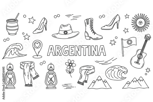 Argentina symbols: traditional icons and culture elements in black and white